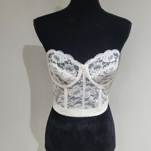 Vogue Women's Vintage Bustier Strapless Lace Low Back Ribbed Bra Size 36B White